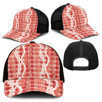 Hawaiian Ohia Lehua Lei Mesh Trucker Cap Plaid Palaka Ulaula Pattern - Polynesian Pride