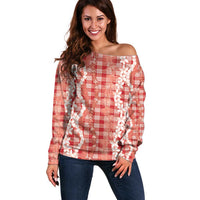 Hawaiian Ohia Lehua Lei Off Shoulder Sweater Plaid Palaka Ulaula Pattern - Polynesian Pride