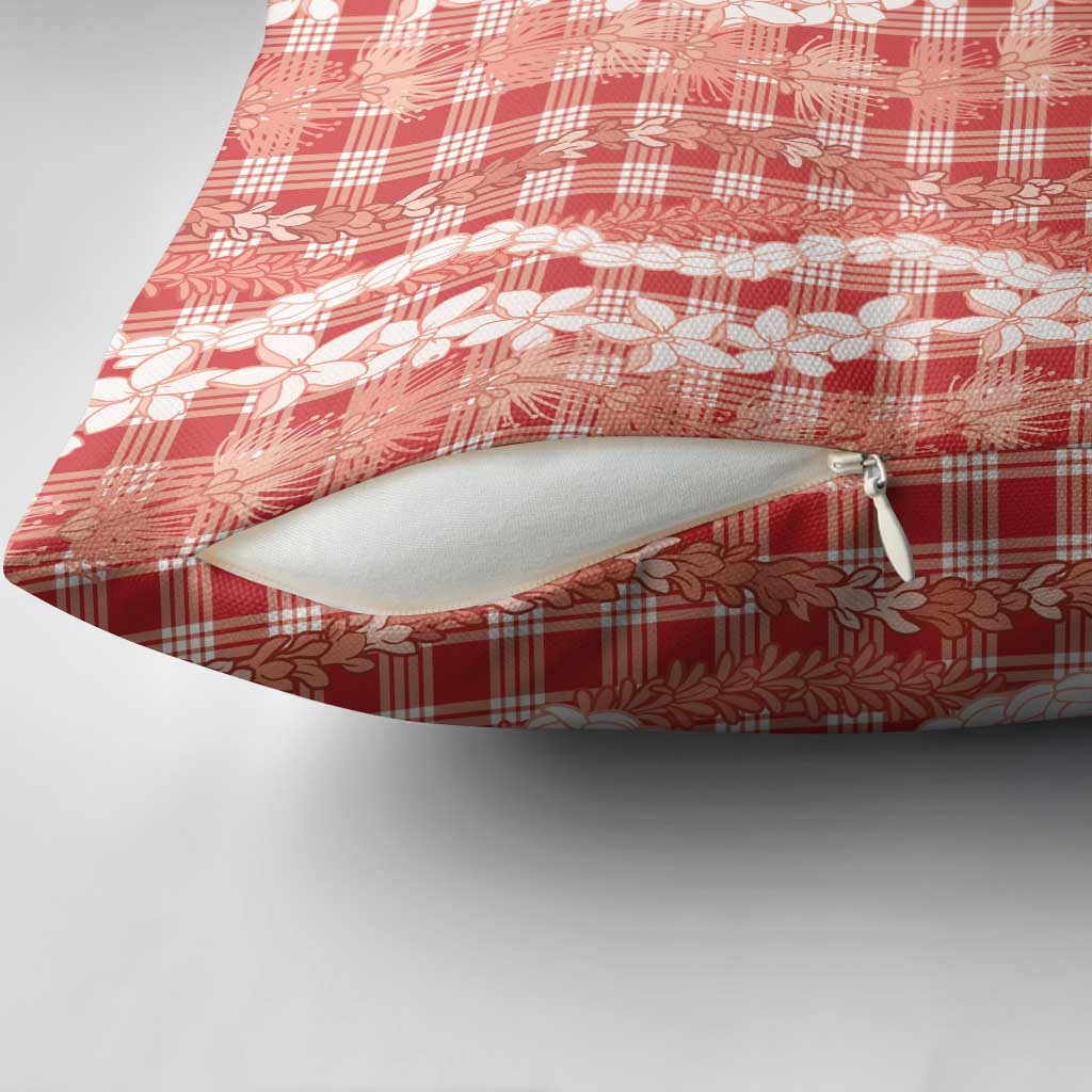 Hawaiian Ohia Lehua Lei Pillow Cover Plaid Palaka Ulaula Pattern - Polynesian Pride