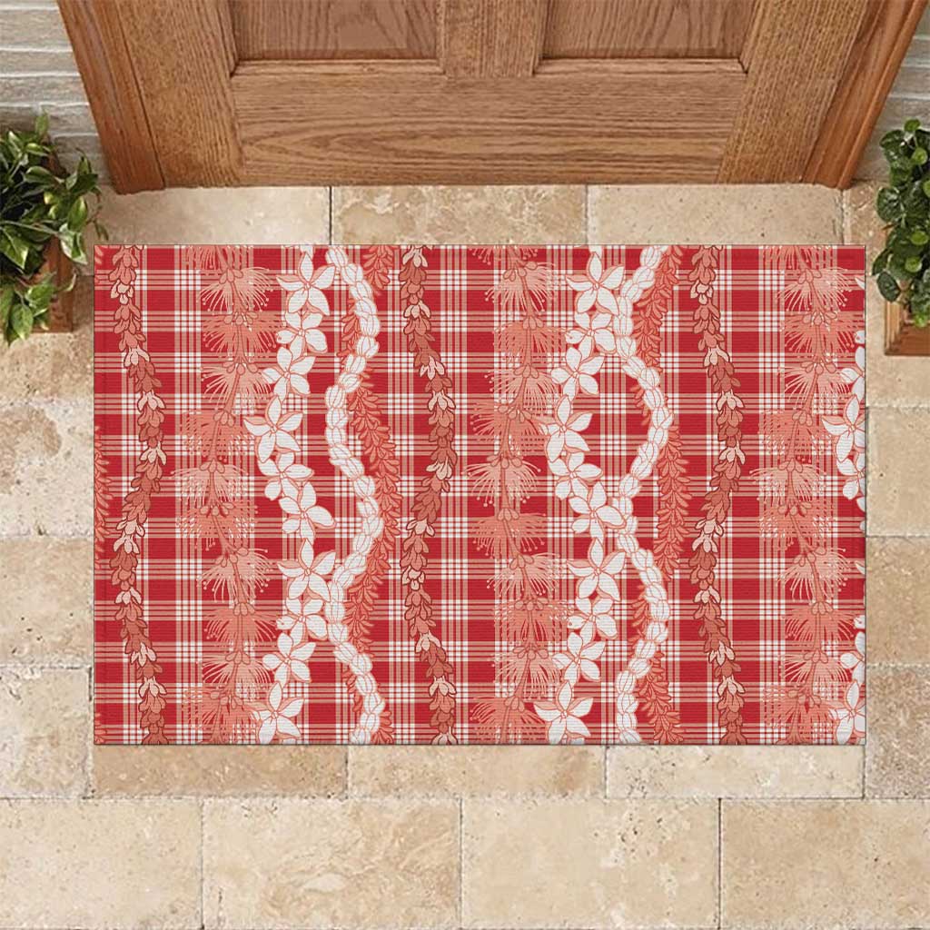 Hawaiian Ohia Lehua Lei Rubber Doormat Plaid Palaka Ulaula Pattern LT9 Red - Polynesian Pride