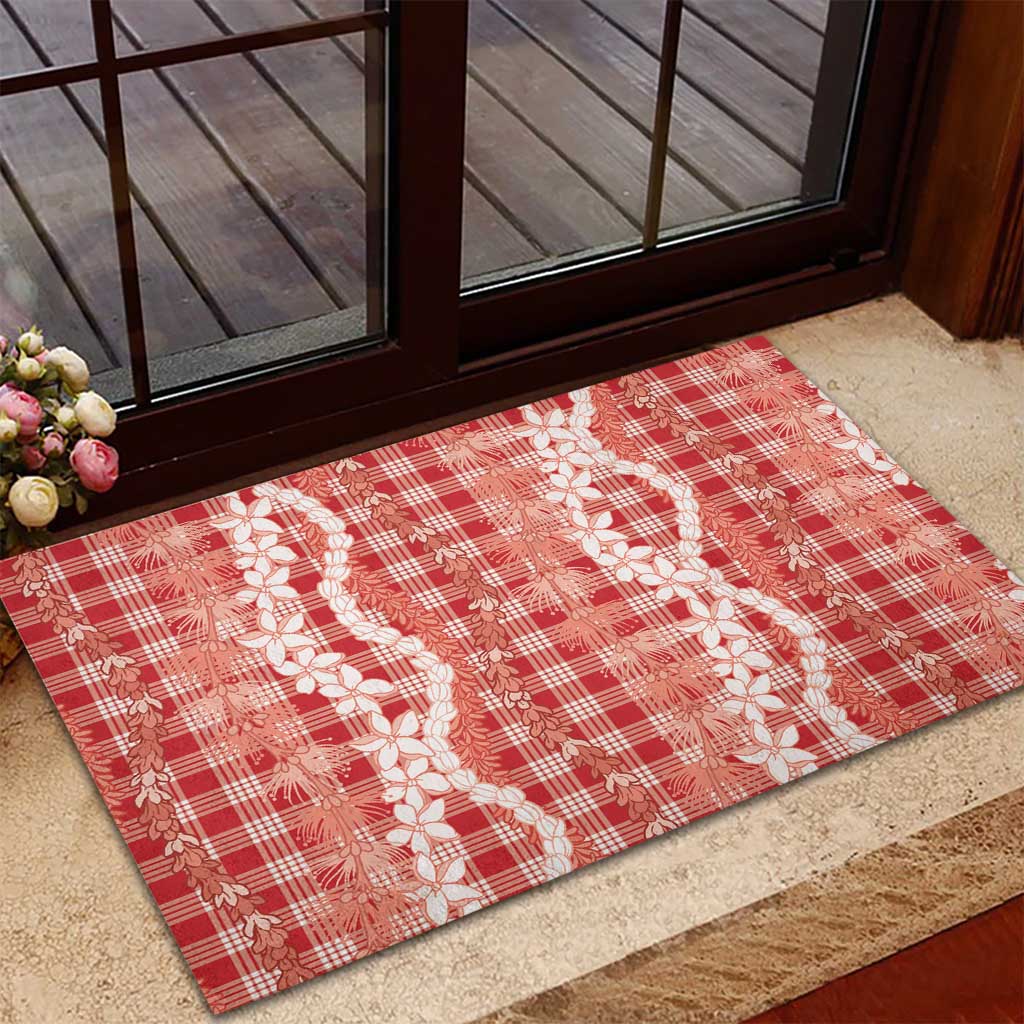 Hawaiian Ohia Lehua Lei Rubber Doormat Plaid Palaka Ulaula Pattern LT9 - Polynesian Pride