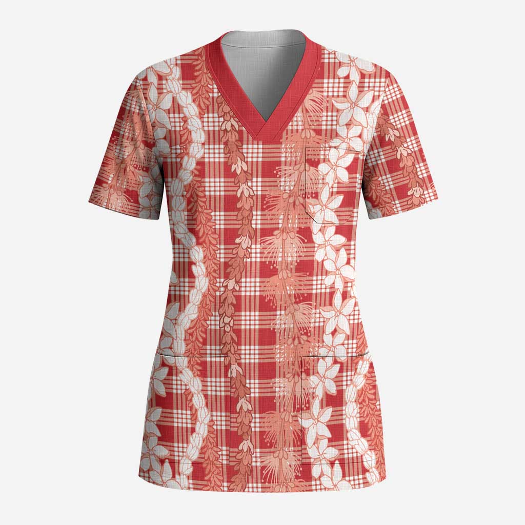 Hawaiian Ohia Lehua Lei Scrub Top Plaid Palaka Ulaula Pattern LT9 Adult Red - Polynesian Pride