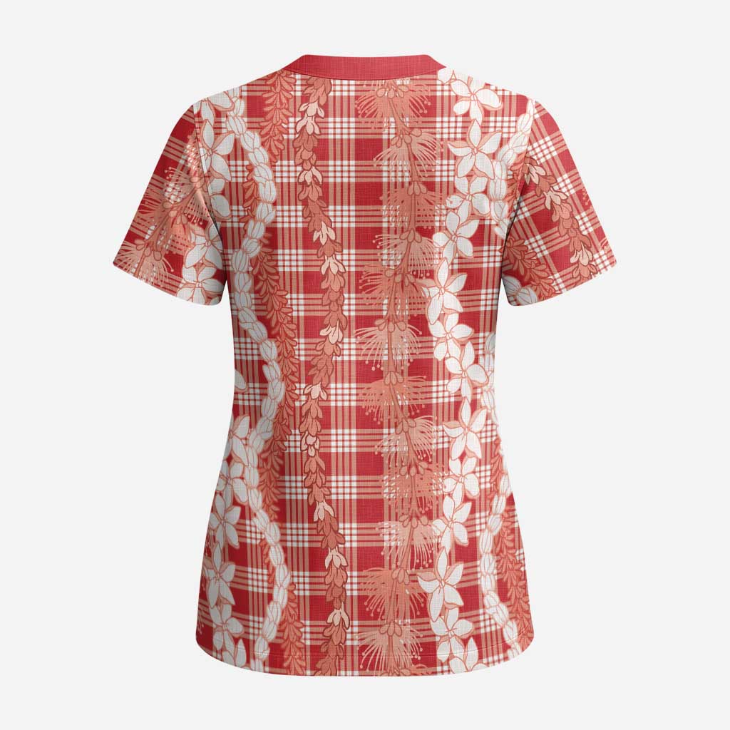 Hawaiian Ohia Lehua Lei Scrub Top Plaid Palaka Ulaula Pattern LT9 - Polynesian Pride