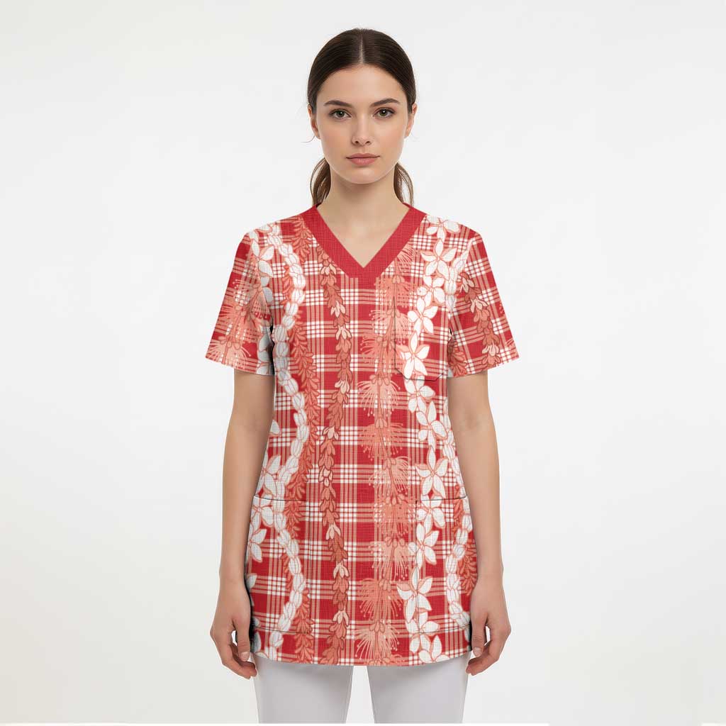 Hawaiian Ohia Lehua Lei Scrub Top Plaid Palaka Ulaula Pattern LT9 - Polynesian Pride