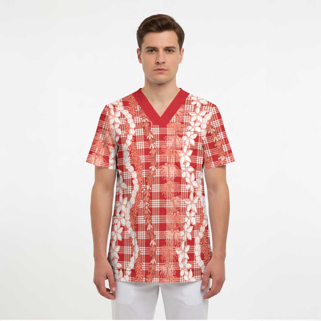 Hawaiian Ohia Lehua Lei Scrub Top Plaid Palaka Ulaula Pattern LT9 - Polynesian Pride