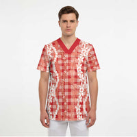 Hawaiian Ohia Lehua Lei Scrub Top Plaid Palaka Ulaula Pattern LT9 - Polynesian Pride