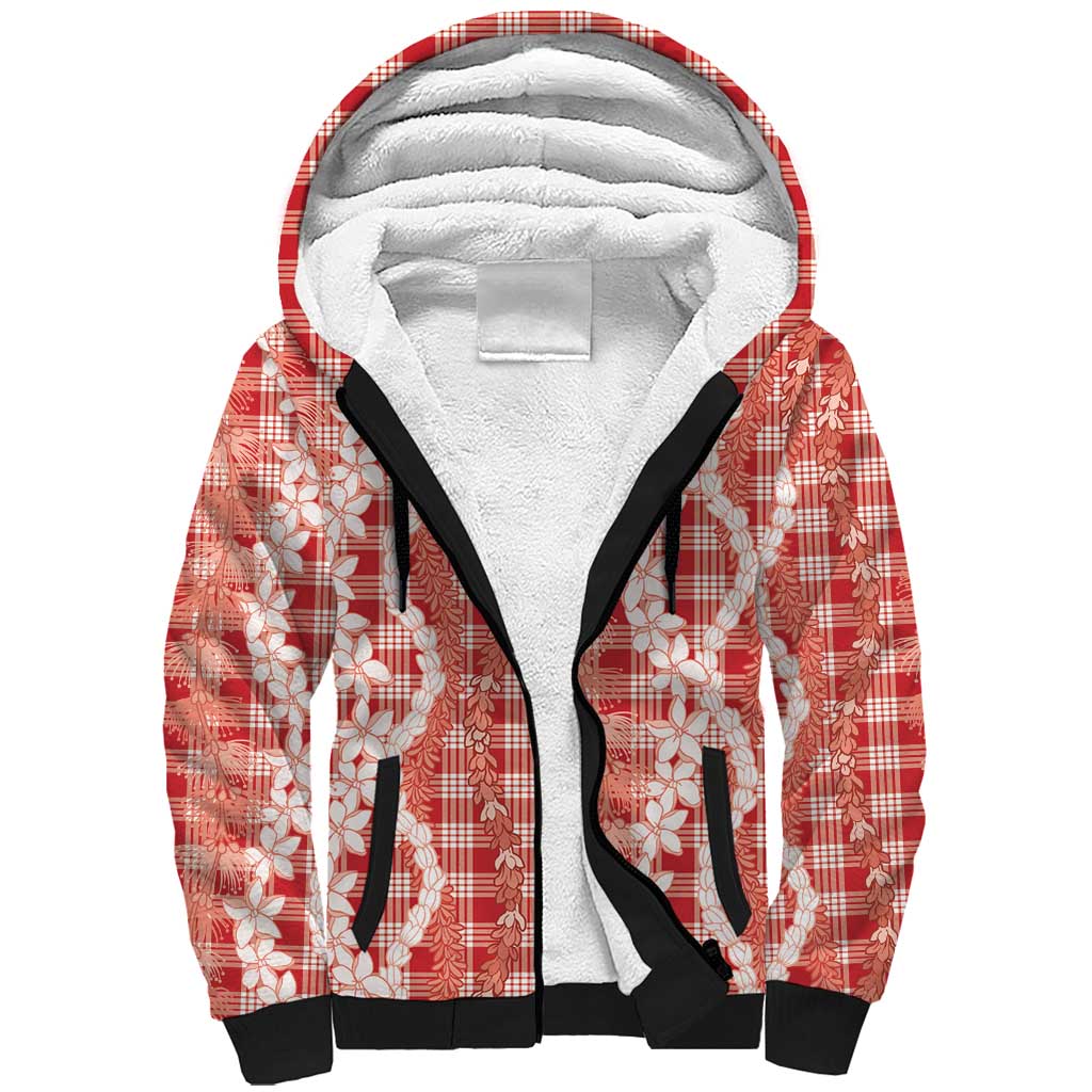 Hawaiian Ohia Lehua Lei Sherpa Hoodie Plaid Palaka Ulaula Pattern LT9 Unisex Red - Polynesian Pride