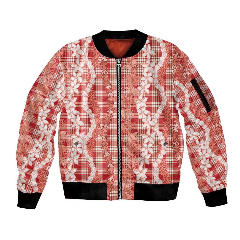 Hawaiian Ohia Lehua Lei Sleeve Zip Bomber Jacket Plaid Palaka Ulaula Pattern LT9 Unisex Red - Polynesian Pride