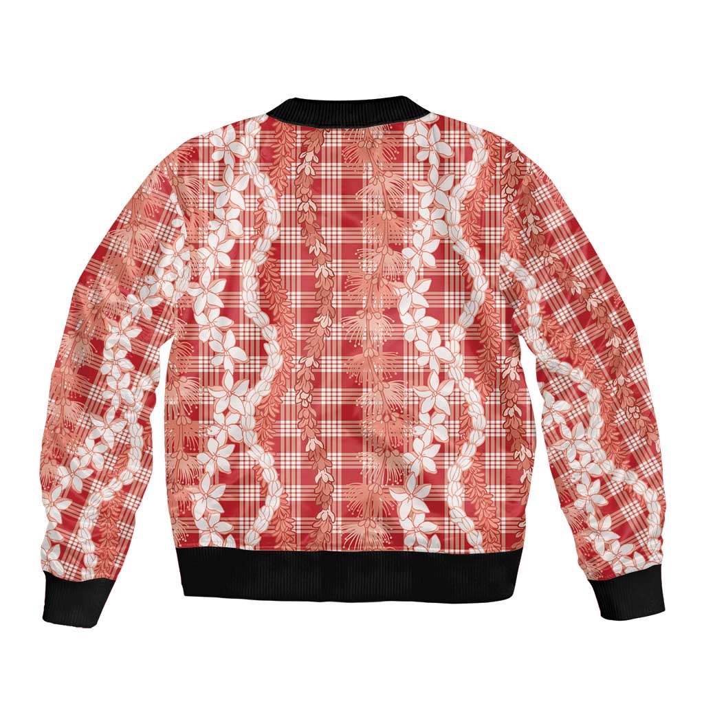 Hawaiian Ohia Lehua Lei Sleeve Zip Bomber Jacket Plaid Palaka Ulaula Pattern LT9 - Polynesian Pride
