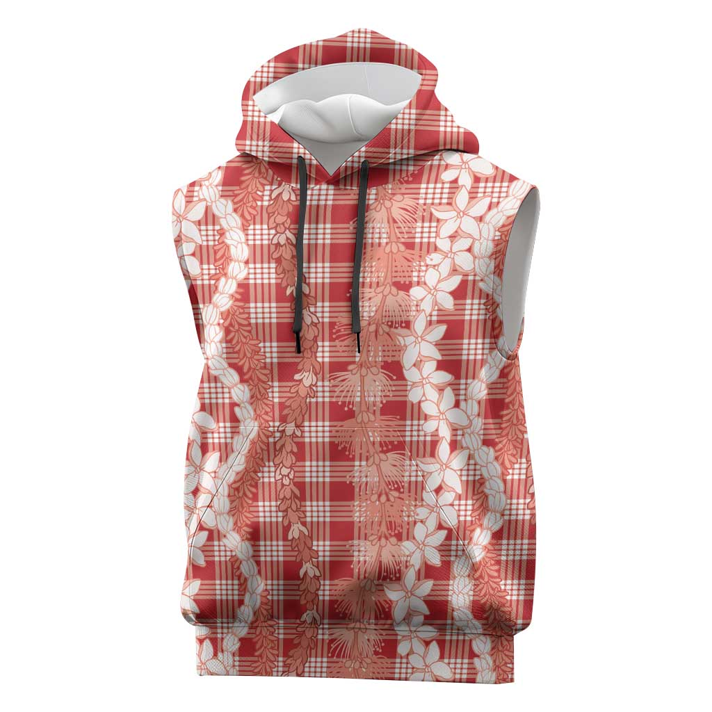 Hawaiian Ohia Lehua Lei Sleeveless Hoodie Plaid Palaka Ulaula Pattern LT9 Red - Polynesian Pride