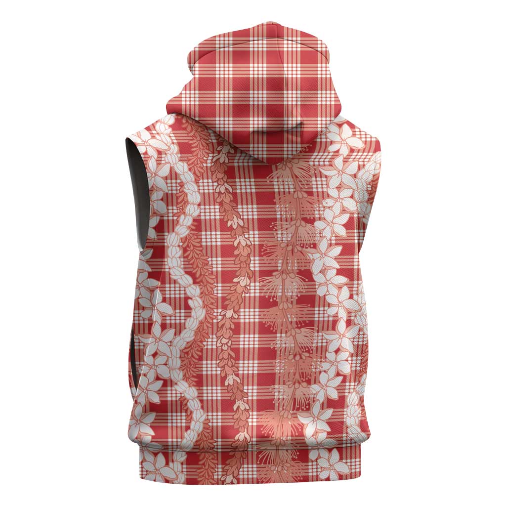 Hawaiian Ohia Lehua Lei Sleeveless Hoodie Plaid Palaka Ulaula Pattern LT9 - Polynesian Pride