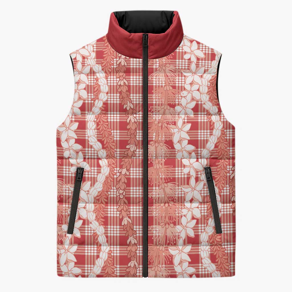 Hawaiian Ohia Lehua Lei Sleeveless Puffer Jacket Plaid Palaka Ulaula Pattern LT9 Unisex Red - Polynesian Pride