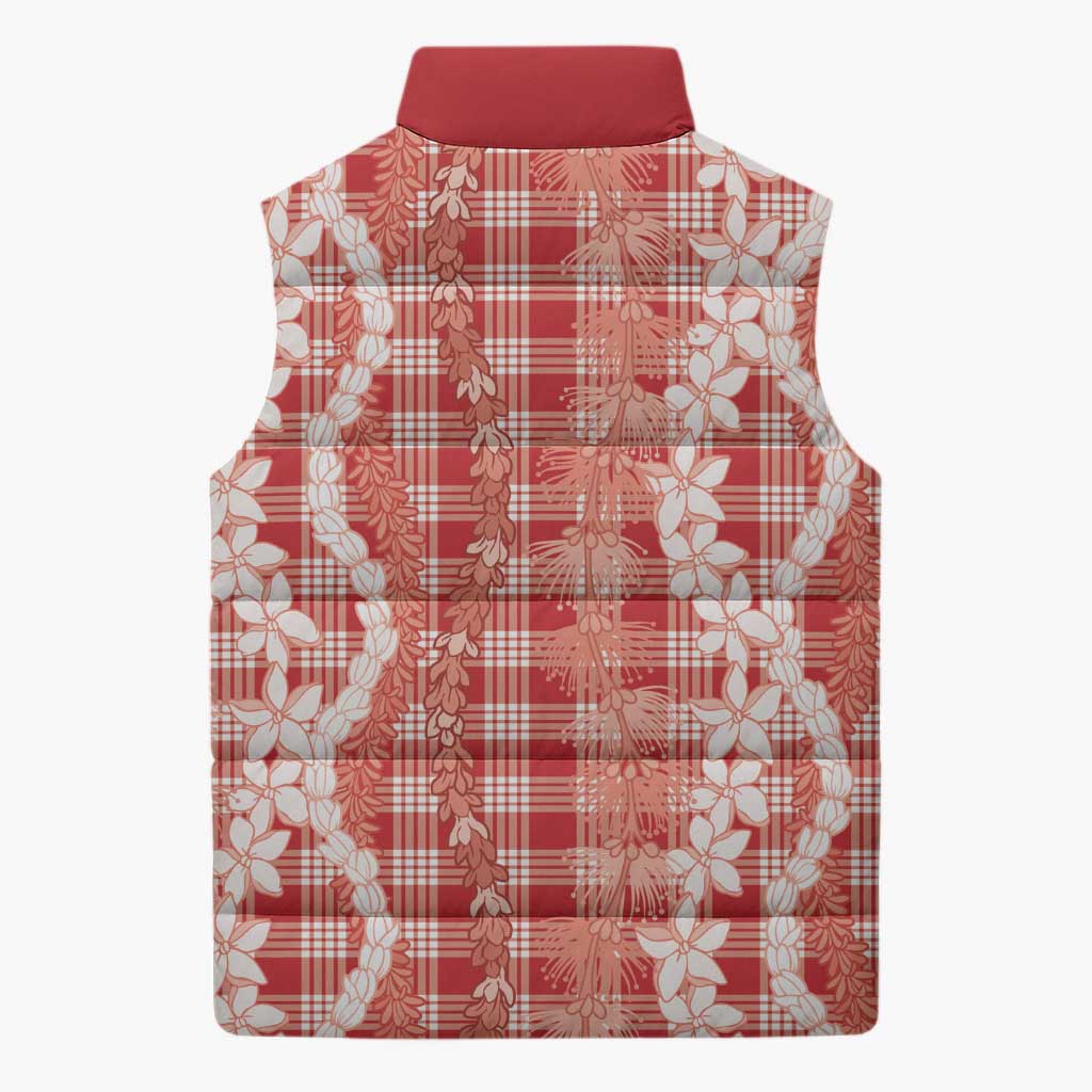 Hawaiian Ohia Lehua Lei Sleeveless Puffer Jacket Plaid Palaka Ulaula Pattern LT9 - Polynesian Pride
