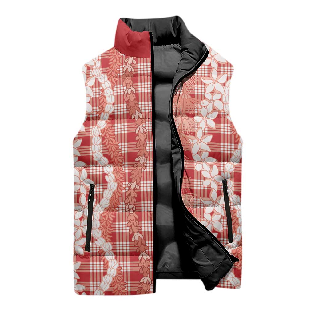 Hawaiian Ohia Lehua Lei Sleeveless Puffer Jacket Plaid Palaka Ulaula Pattern LT9 - Polynesian Pride
