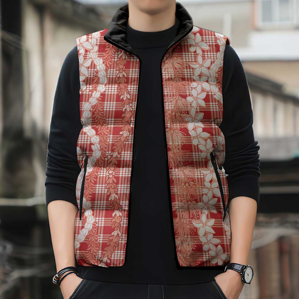 Hawaiian Ohia Lehua Lei Sleeveless Puffer Jacket Plaid Palaka Ulaula Pattern LT9 - Polynesian Pride