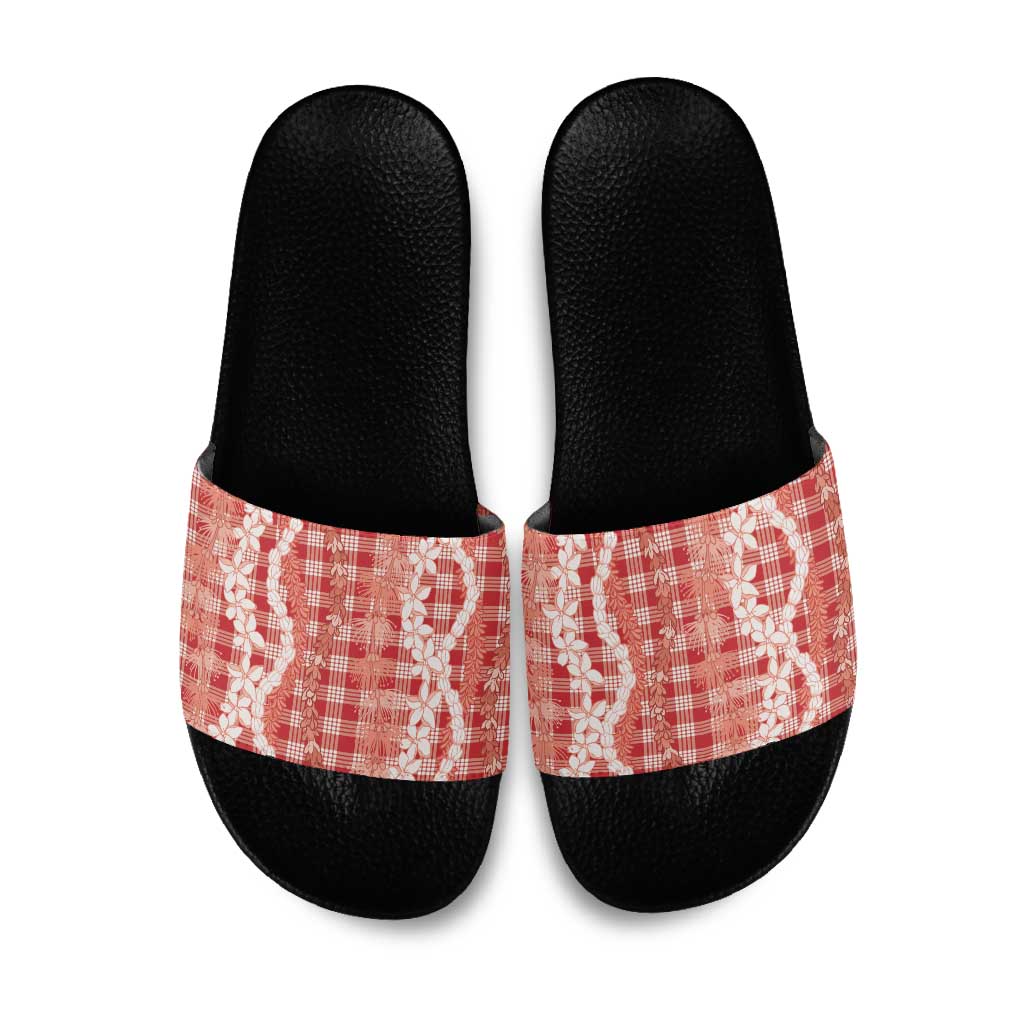 Hawaiian Ohia Lehua Lei Slide Sandals Plaid Palaka Ulaula Pattern LT9 Red - Polynesian Pride