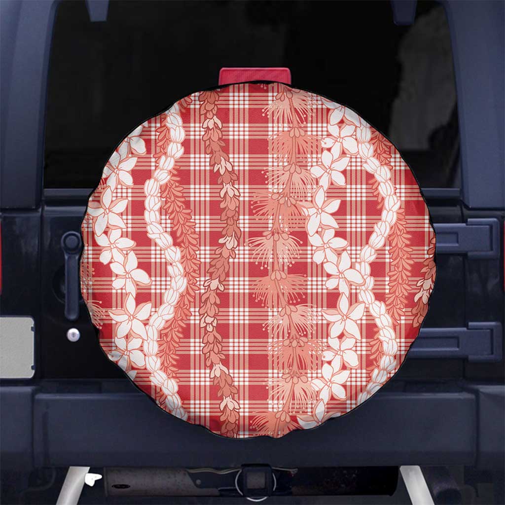 Hawaiian Ohia Lehua Lei Spare Tire Cover Plaid Palaka Ulaula Pattern - Polynesian Pride