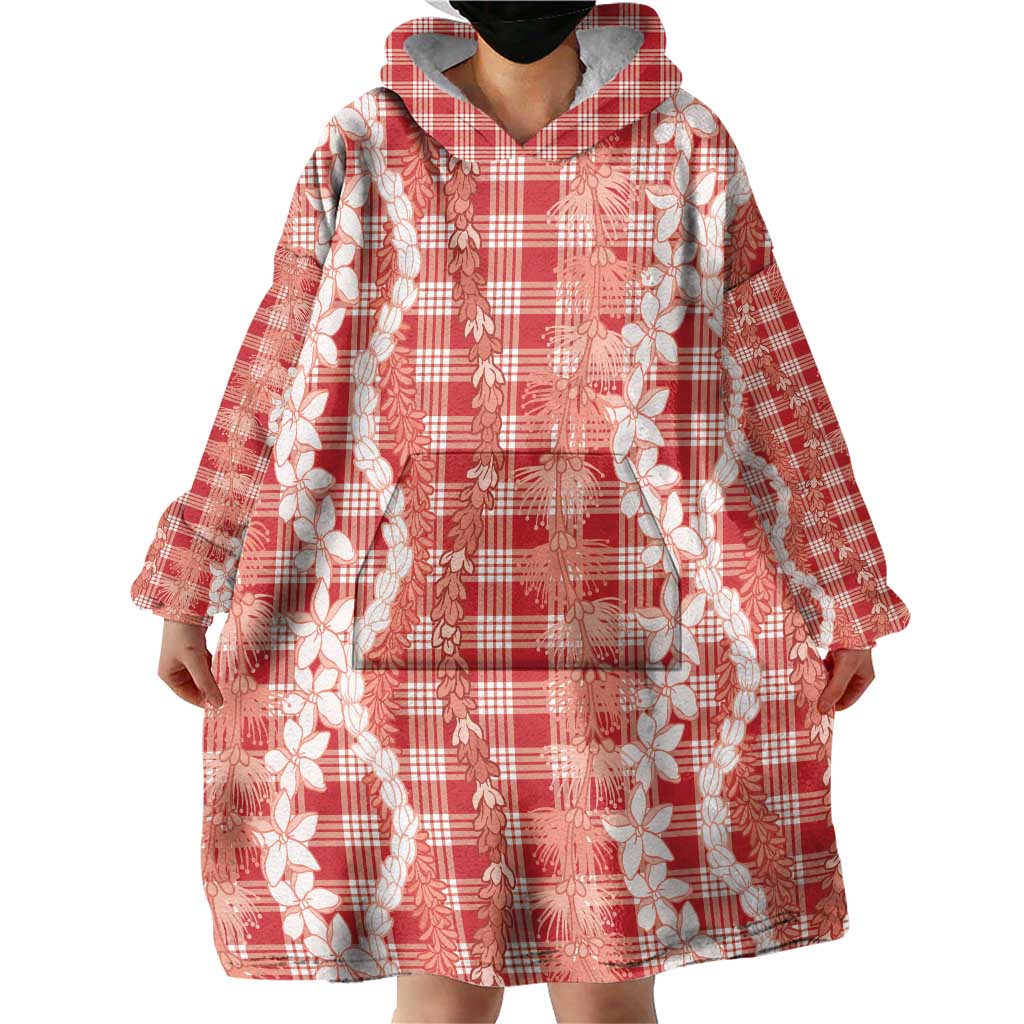 Hawaiian Ohia Lehua Lei Wearable Blanket Hoodie Plaid Palaka Ulaula Pattern LT9 - Polynesian Pride