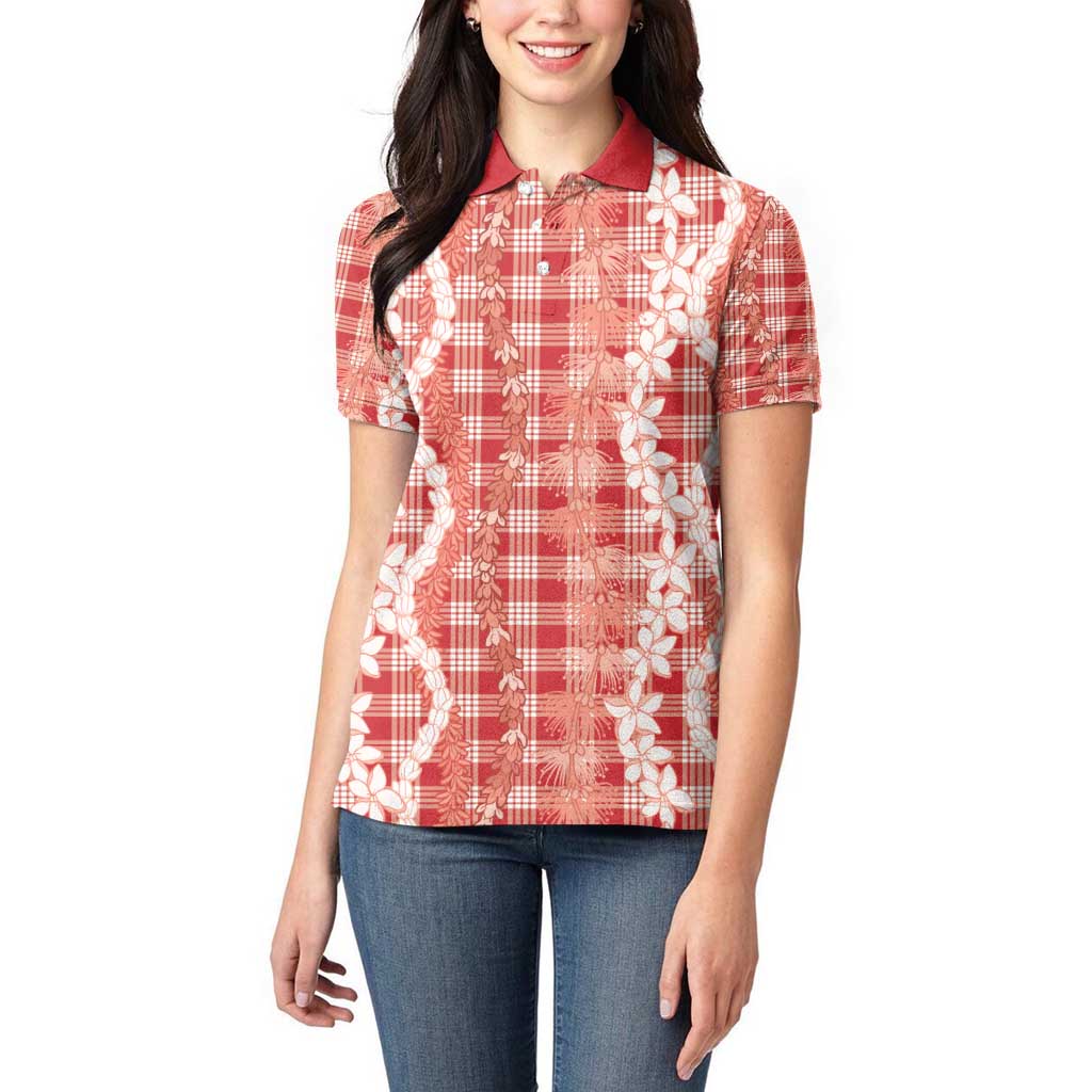 Hawaiian Ohia Lehua Lei Women Polo Shirt Plaid Palaka Ulaula Pattern - Polynesian Pride