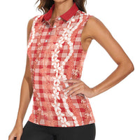 Hawaiian Ohia Lehua Lei Women Sleeveless Polo Shirt Plaid Palaka Ulaula Pattern - Polynesian Pride