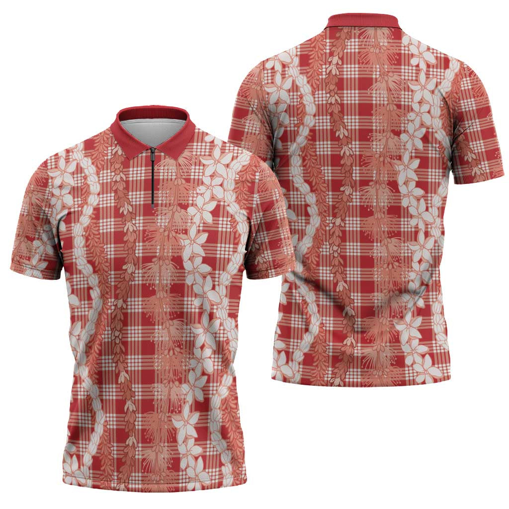 Hawaiian Ohia Lehua Lei Zipper Polo Shirt Plaid Palaka Ulaula Pattern - Polynesian Pride