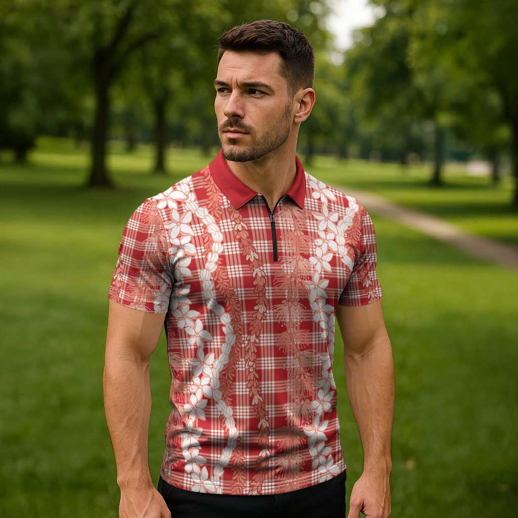 Hawaiian Ohia Lehua Lei Zipper Polo Shirt Plaid Palaka Ulaula Pattern - Polynesian Pride
