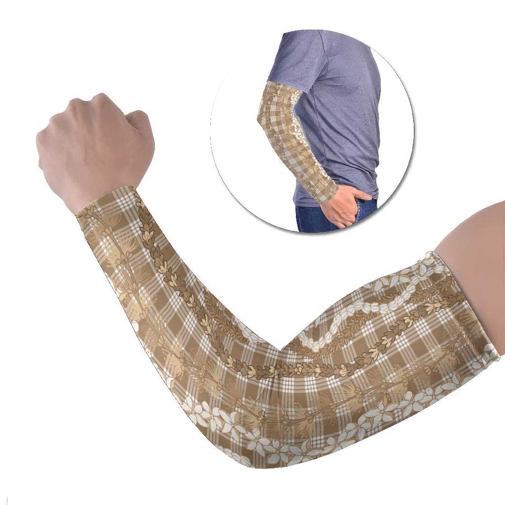 Hawaiian Ohia Lehua Lei Arm Sleeves Plaid Palaka Kalaihaahaa Pattern LT9 Set of 2 Tan - Polynesian Pride