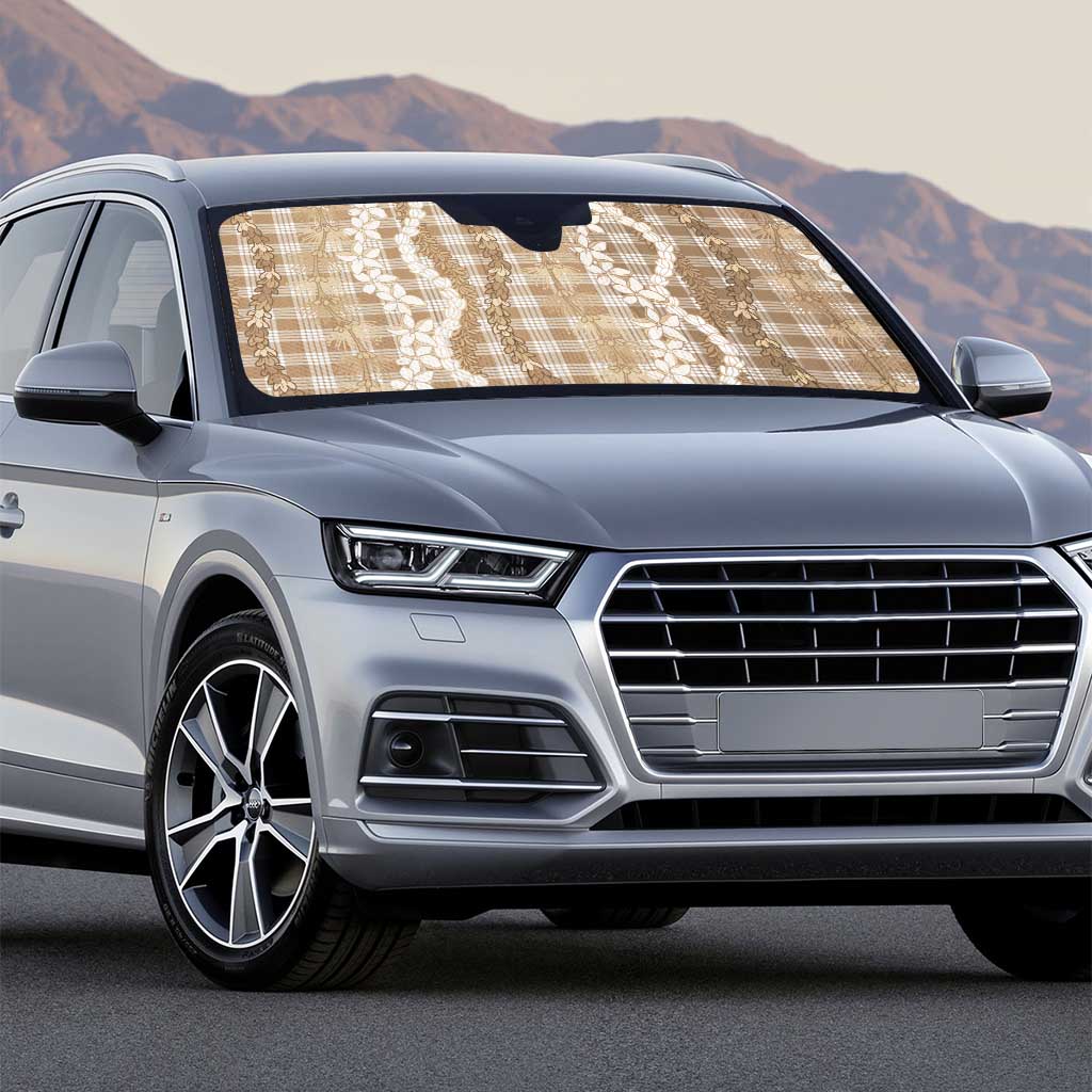 Hawaiian Ohia Lehua Lei Auto Sun Shade Plaid Palaka Kalaihaahaa Pattern - Polynesian Pride