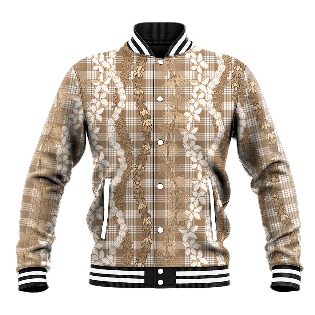 Hawaiian Ohia Lehua Lei Baseball Jacket Plaid Palaka Kalaihaahaa Pattern LT9 Unisex Tan - Polynesian Pride