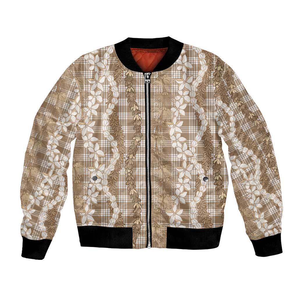 Hawaiian Ohia Lehua Lei Bomber Jacket Plaid Palaka Kalaihaahaa Pattern LT9 Unisex Tan - Polynesian Pride