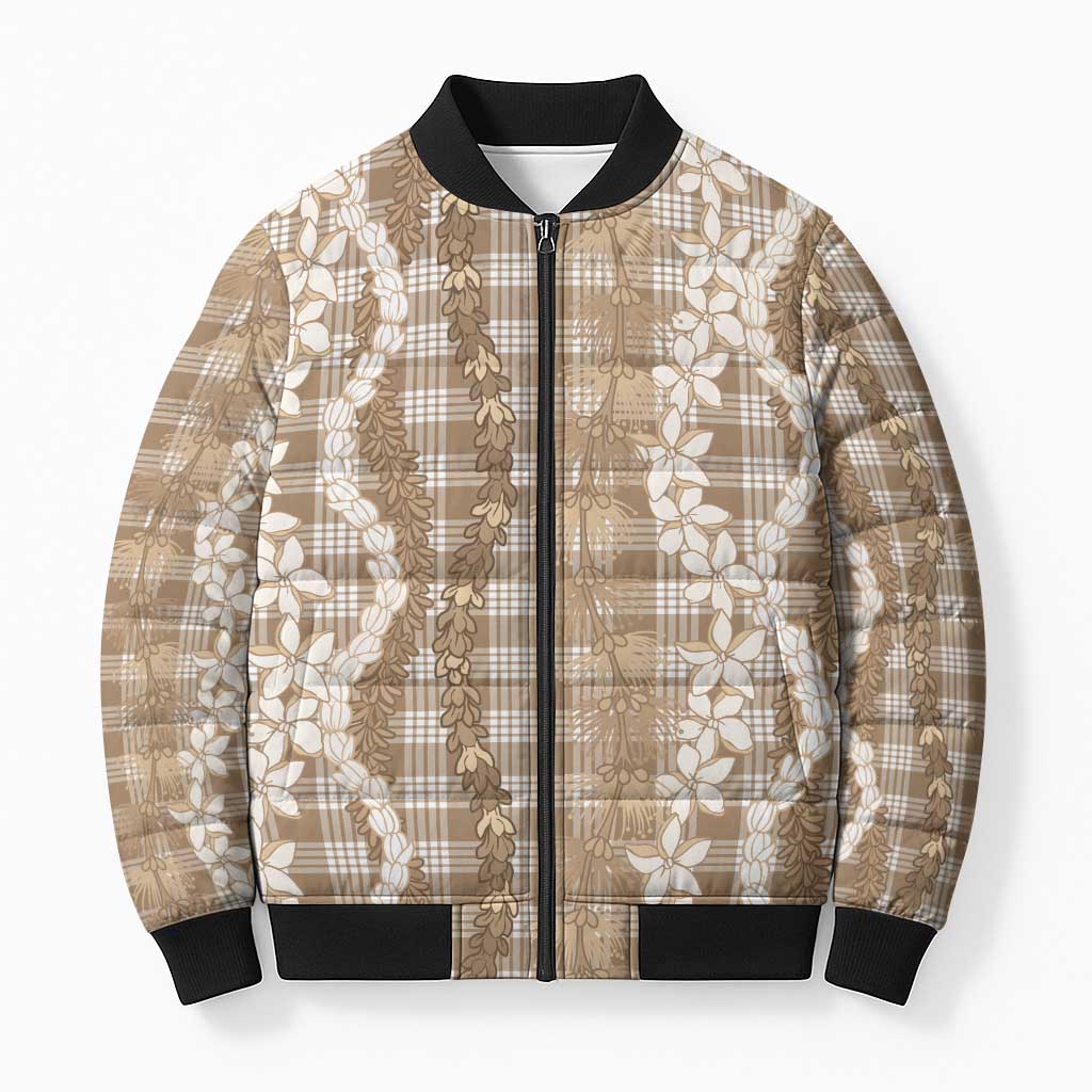 Hawaiian Ohia Lehua Lei Bomber Puffer Jacket Plaid Palaka Kalaihaahaa Pattern LT9 Unisex Tan - Polynesian Pride