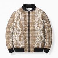 Hawaiian Ohia Lehua Lei Bomber Puffer Jacket Plaid Palaka Kalaihaahaa Pattern LT9 Unisex Tan - Polynesian Pride