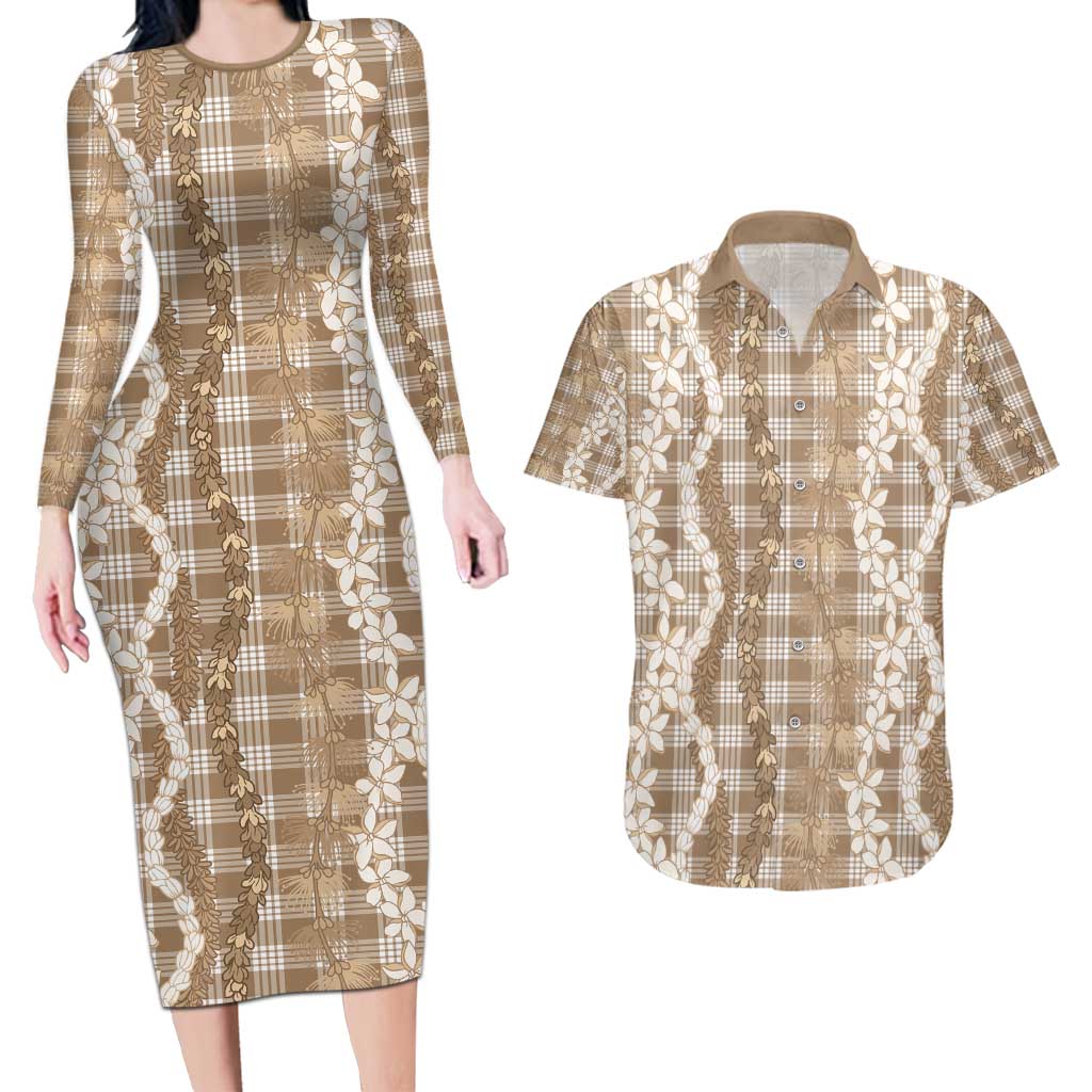 Hawaiian Ohia Lehua Lei Couples Matching Long Sleeve Bodycon Dress and Hawaiian Shirt Plaid Palaka Kalaihaahaa Pattern - Polynesian Pride