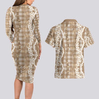 Hawaiian Ohia Lehua Lei Couples Matching Long Sleeve Bodycon Dress and Hawaiian Shirt Plaid Palaka Kalaihaahaa Pattern - Polynesian Pride