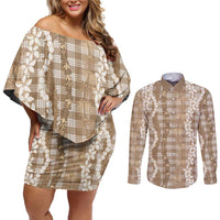 Hawaiian Ohia Lehua Lei Couples Matching Off Shoulder Short Dress and Long Sleeve Button Shirt Plaid Palaka Kalaihaahaa Pattern - Polynesian Pride