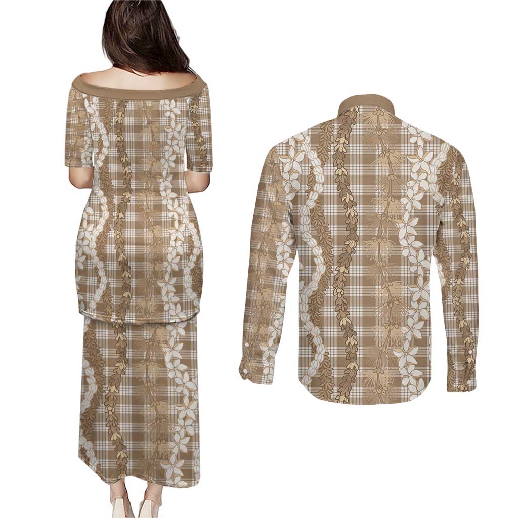 Hawaiian Ohia Lehua Lei Couples Matching Puletasi and Long Sleeve Button Shirt Plaid Palaka Kalaihaahaa Pattern - Polynesian Pride