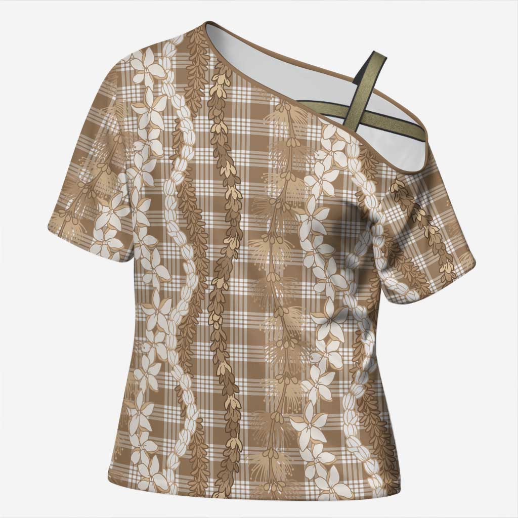 Hawaiian Ohia Lehua Lei Cross Shoulder Shirt Plaid Palaka Kalaihaahaa Pattern LT9 Female Tan - Polynesian Pride