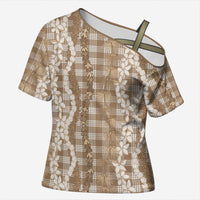 Hawaiian Ohia Lehua Lei Cross Shoulder Shirt Plaid Palaka Kalaihaahaa Pattern LT9 Female Tan - Polynesian Pride