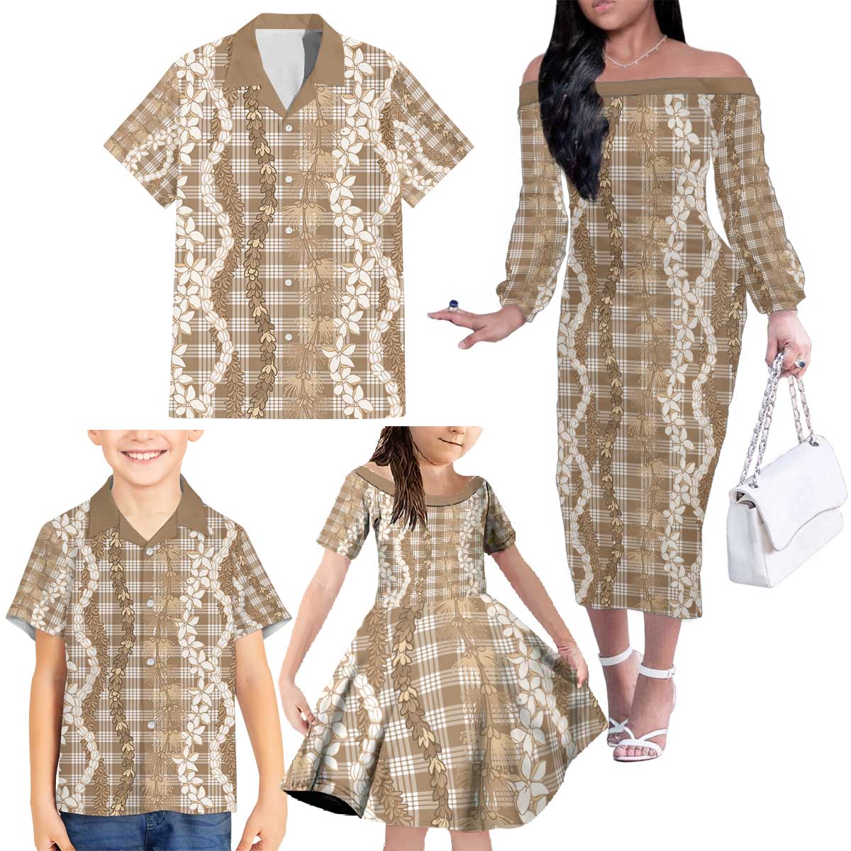 Hawaiian Ohia Lehua Lei Family Matching Off The Shoulder Long Sleeve Dress and Hawaiian Shirt Plaid Palaka Kalaihaahaa Pattern - Polynesian Pride