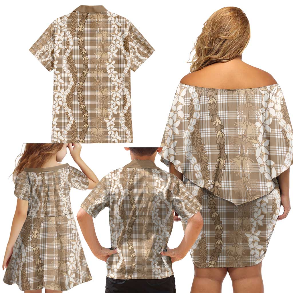 Hawaiian Ohia Lehua Lei Family Matching Off Shoulder Short Dress and Hawaiian Shirt Plaid Palaka Kalaihaahaa Pattern - Polynesian Pride