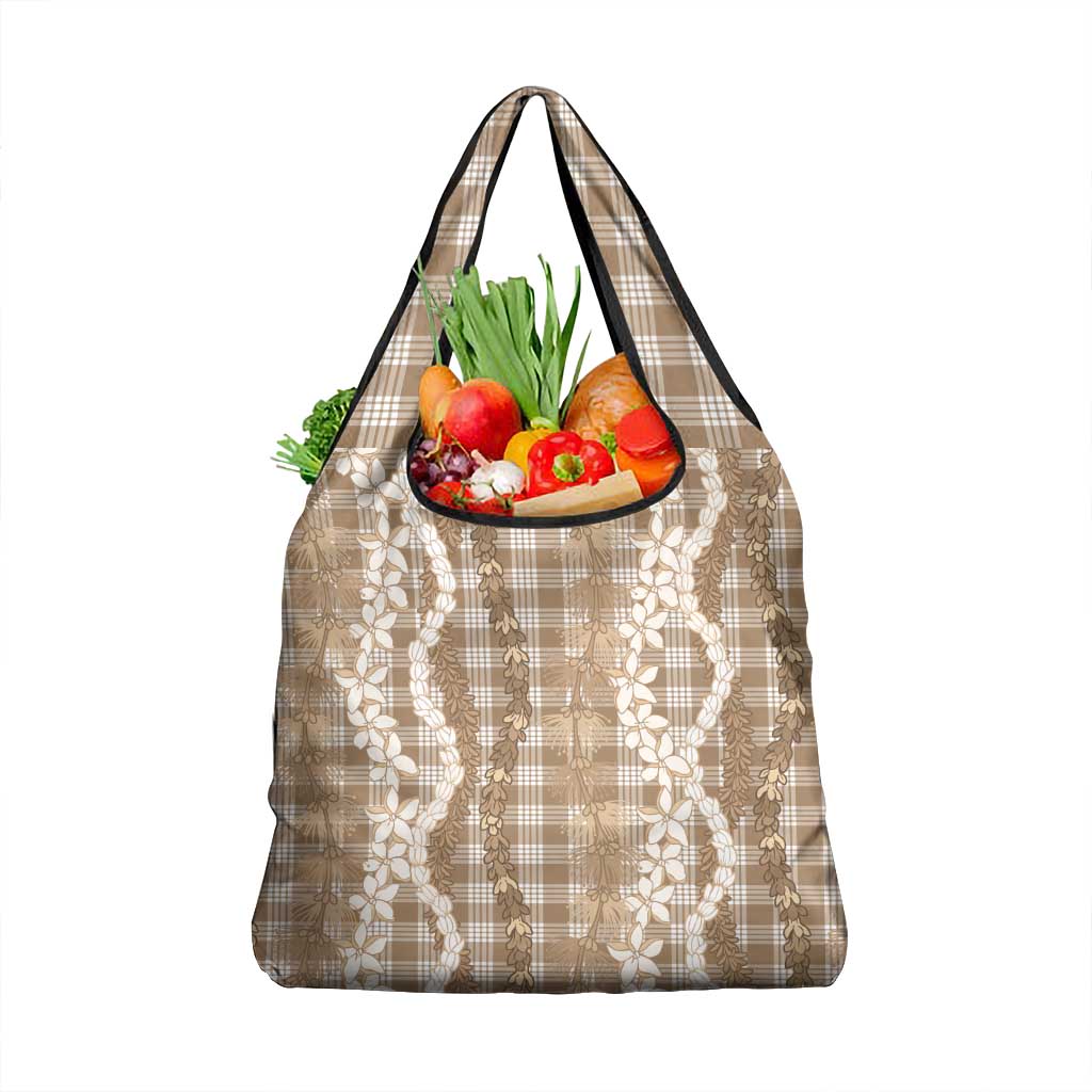 Hawaiian Ohia Lehua Lei Grocery Bag Plaid Palaka Kalaihaahaa Pattern LT9 1-pack One Size Tan - Polynesian Pride