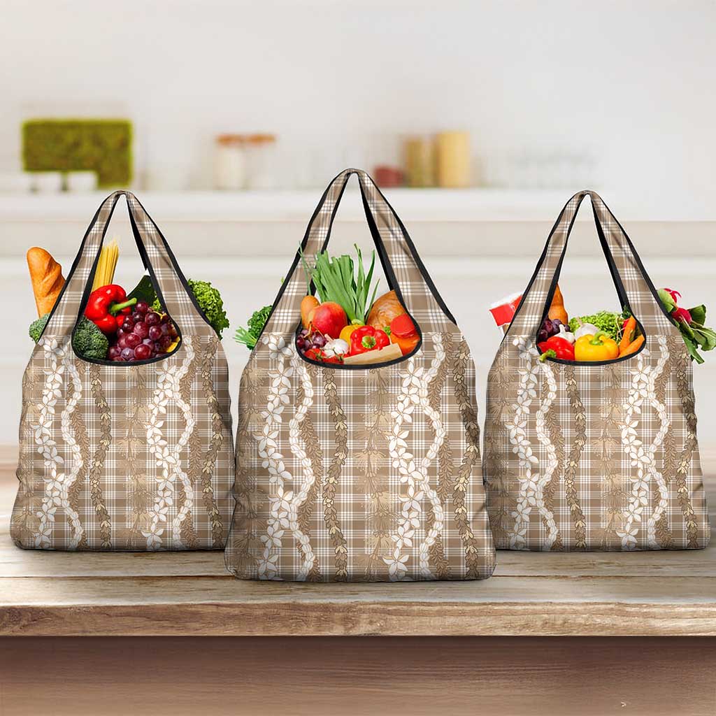 Hawaiian Ohia Lehua Lei Grocery Bag Plaid Palaka Kalaihaahaa Pattern LT9 3-pack One Size Tan - Polynesian Pride