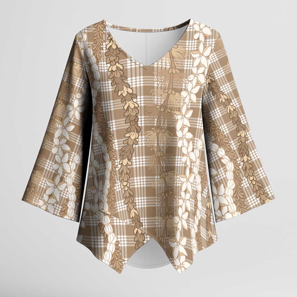 Hawaiian Ohia Lehua Lei Kimono Sleeve Blouse Plaid Palaka Kalaihaahaa Pattern LT9 Female Tan - Polynesian Pride