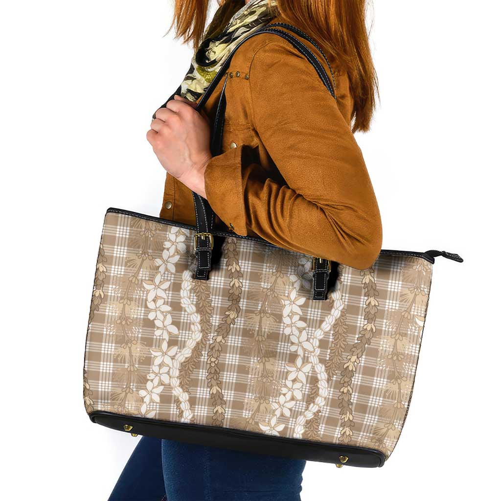 Hawaiian Ohia Lehua Lei Leather Tote Bag Plaid Palaka Kalaihaahaa Pattern LT9 Tan - Polynesian Pride