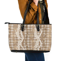 Hawaiian Ohia Lehua Lei Leather Tote Bag Plaid Palaka Kalaihaahaa Pattern LT9 - Polynesian Pride