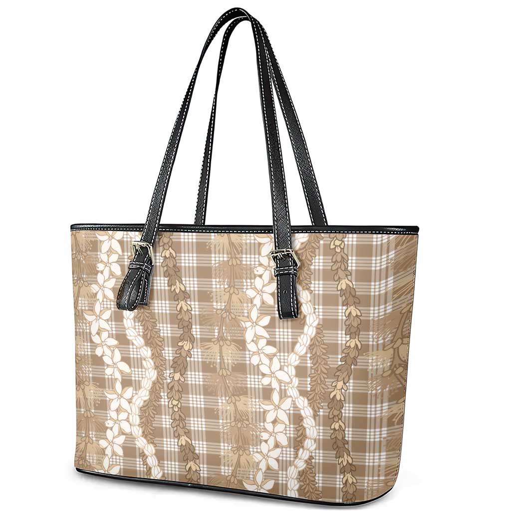 Hawaiian Ohia Lehua Lei Leather Tote Bag Plaid Palaka Kalaihaahaa Pattern LT9 - Polynesian Pride