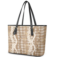 Hawaiian Ohia Lehua Lei Leather Tote Bag Plaid Palaka Kalaihaahaa Pattern LT9 - Polynesian Pride