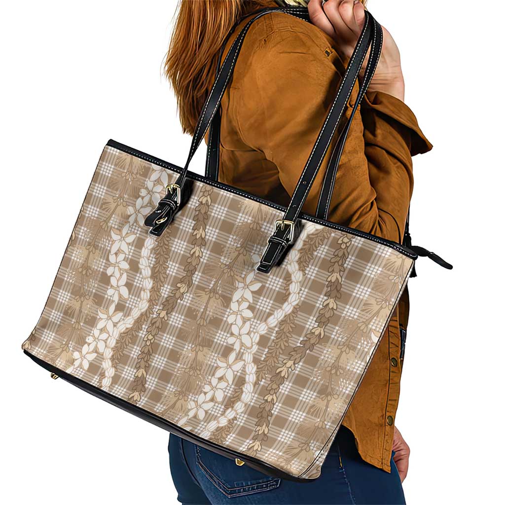 Hawaiian Ohia Lehua Lei Leather Tote Bag Plaid Palaka Kalaihaahaa Pattern LT9 - Polynesian Pride