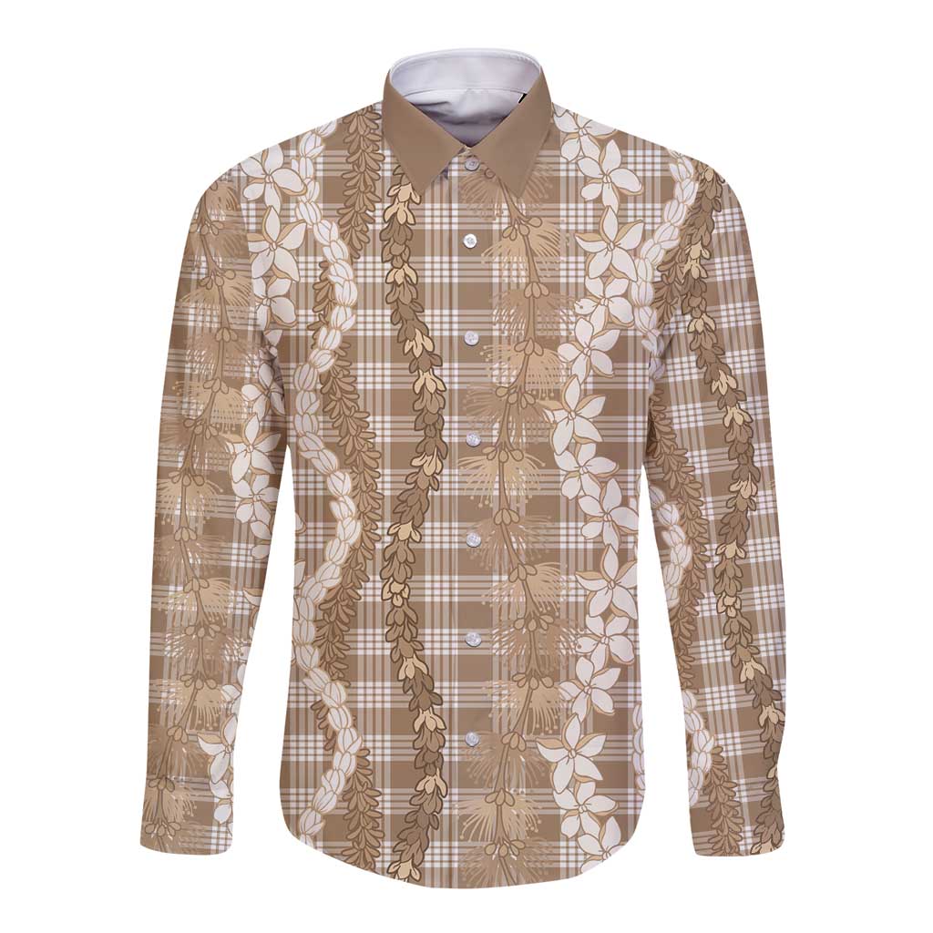 Hawaiian Ohia Lehua Lei Long Sleeve Button Shirt Plaid Palaka Kalaihaahaa Pattern LT9 Unisex Tan - Polynesian Pride