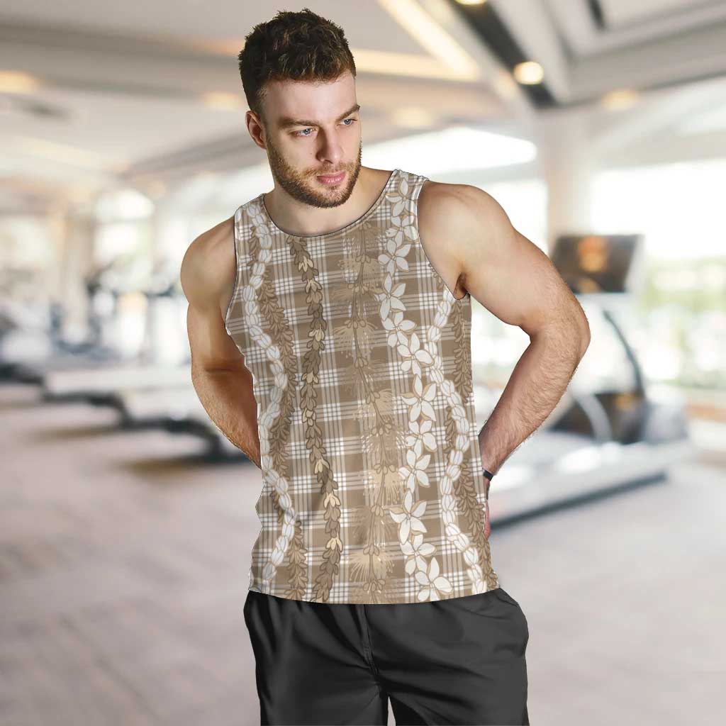 Hawaiian Ohia Lehua Lei Men Tank Top Plaid Palaka Kalaihaahaa Pattern LT9 Tan - Polynesian Pride